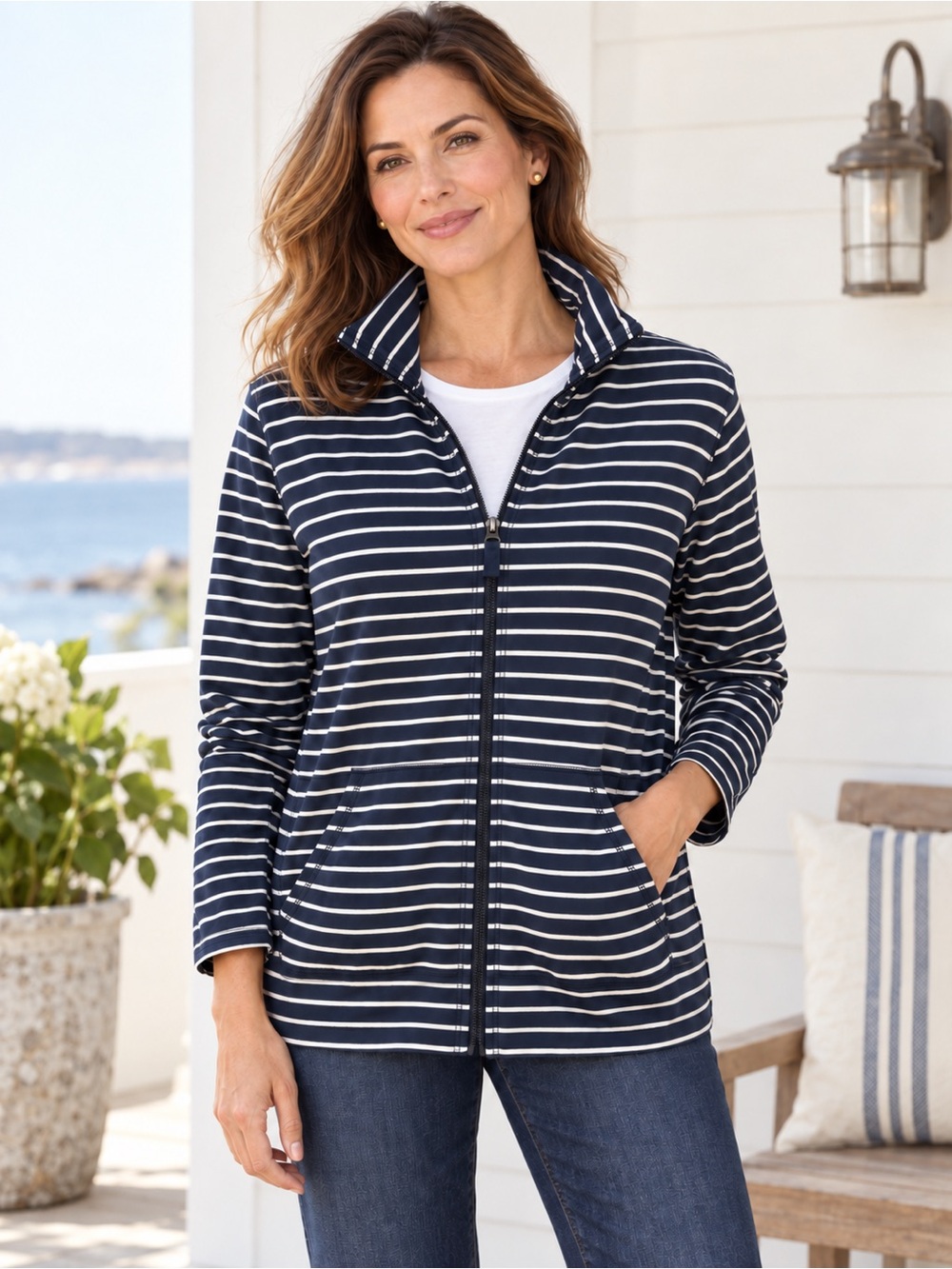 L.L.Bean Ultrasoft Sweats Full Zip Mock Neck Jacket Navy Stripe Women’s L